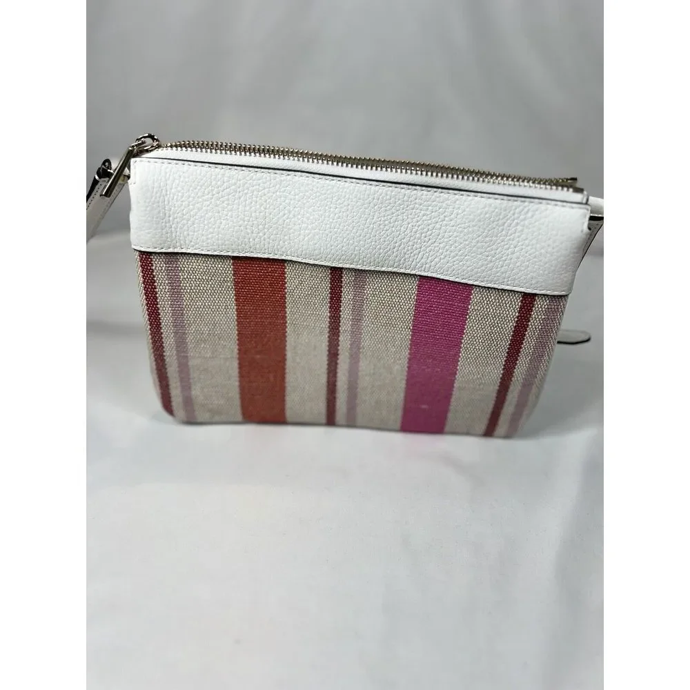 Kate Spade Leila Triple‎ Gusset Canvas Leather Crossbody Pink White Stripe SMALL